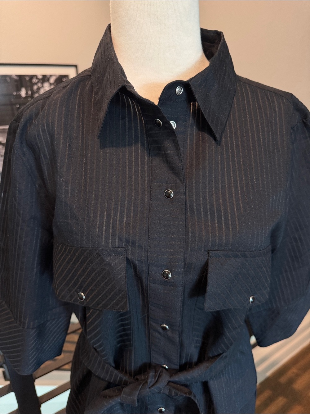 Simona Corsellini Navy Gold Metallic Pinstripe Snap Button Shirt Dress Tie 44 - Picture 3 of 14